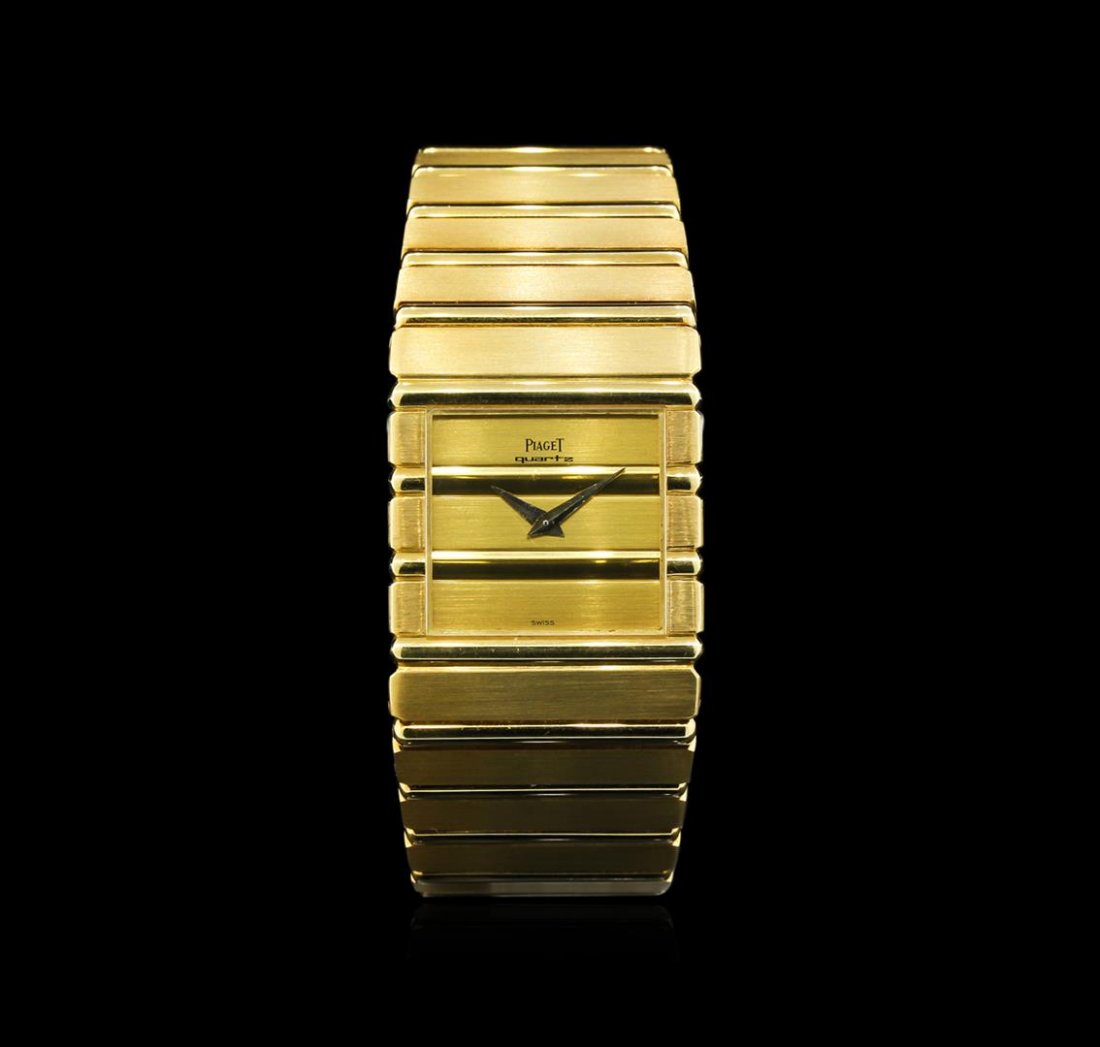 Piaget 18KT Yellow Gold Polo Watch: One, Piaget Polo 18KT yellow gold wristwatch electronically tested, Swiss Hallmarked Case: 25 x 23mm, Case Back: secured by four set screws, engraved with the manufacturers ID numbers, Crown: located 