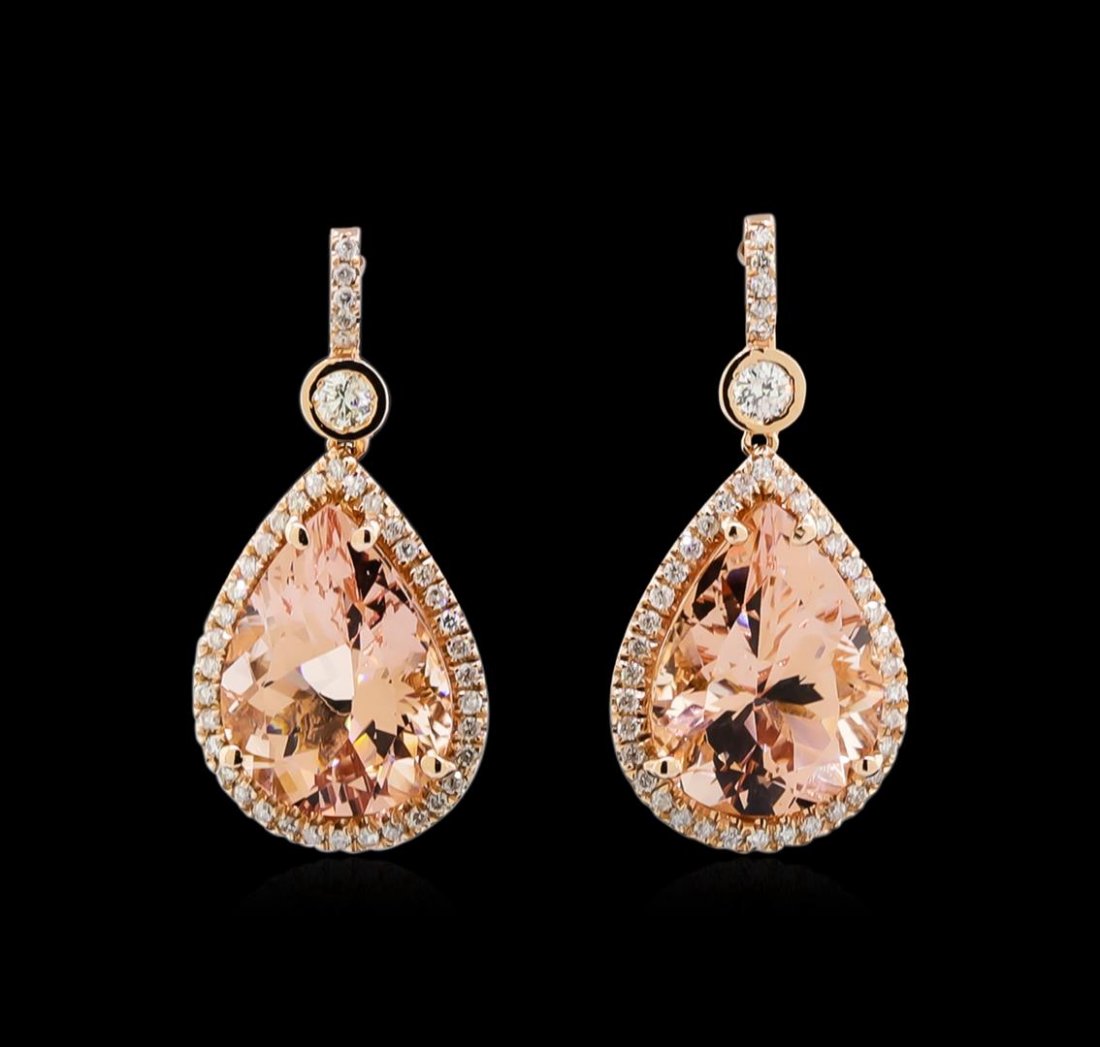 18.58ctw Morganite and Diamond Earrings - 14KT Rose: One pair electronically tested 14KT rose gold lady's combination cast & assembled drop style earrings with friction posts with a bright polish finish. Identified with markings of "14K". Condition is n