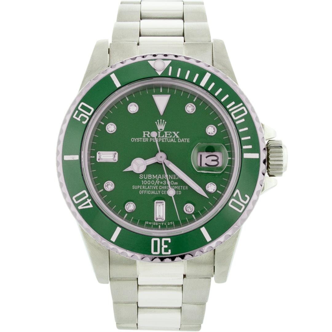 Rolex Stainless Steel Date Submariner Men's Watch: One Mens Rolex Submariner With Date Polished, Serviced & Electronically Tested, Stainless Steel Case:41mm, Stainless Steel Crown, Custom Bezel: Stainless Steel Rotatable Bezel With Green Ceramic Inser