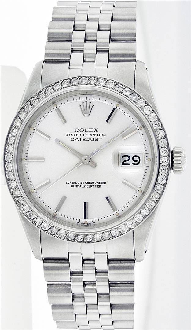 Rolex Stainless Steel 1.00ctw Diamond DateJust Men's: One Gents Rolex Datejust Polished, Serviced & Electronically Tested, Stainless Steel Case:36mm, Stainless Steel Crown, Custom Bezel: Stainless Steel Beadset Diamond Bezel, Diamond Count: 54 Diamonds T