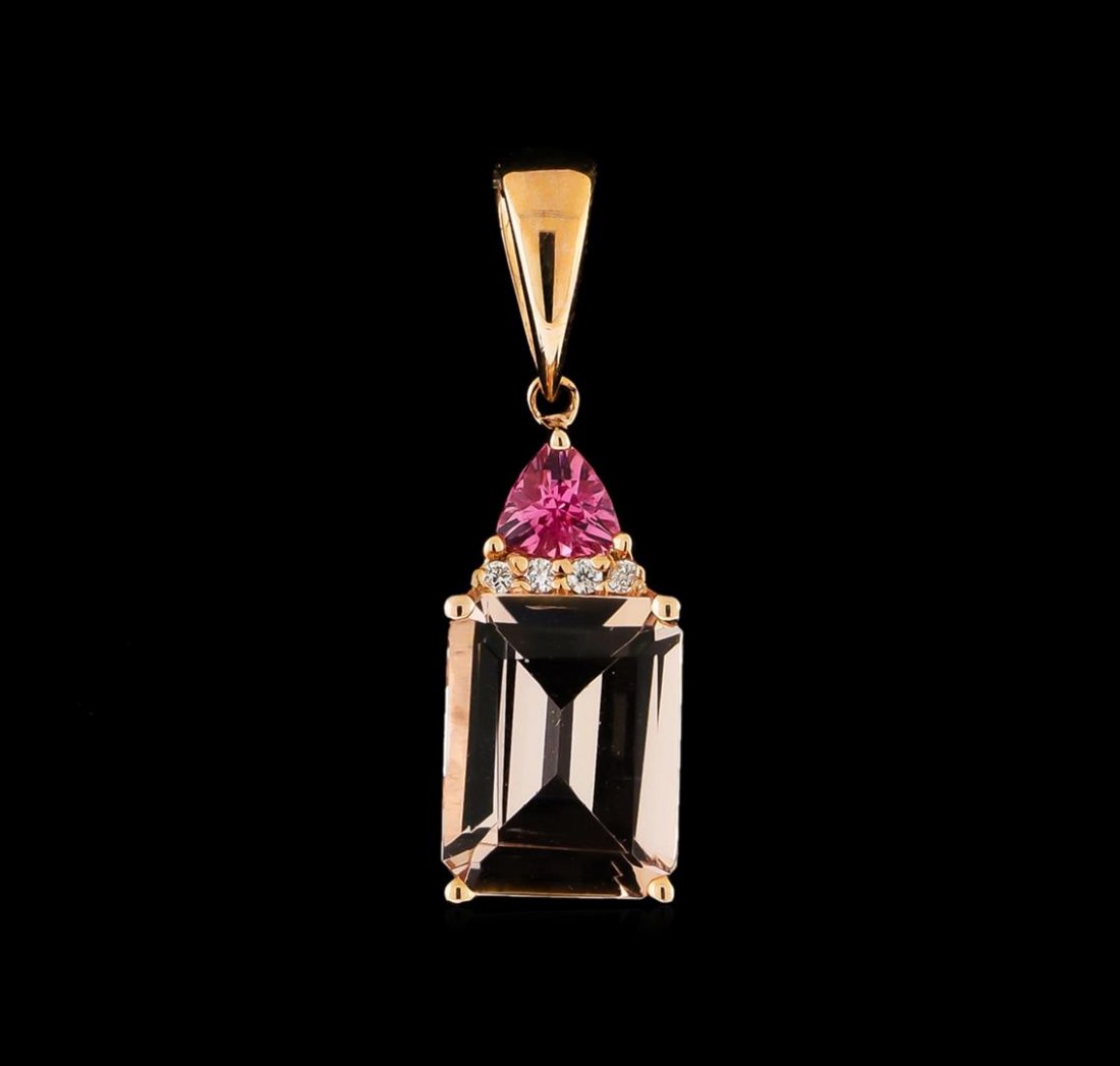 1.89ct Morganite, Pink Topaz and Diamond Pendant - 14KT: One pendant featuring: 14KT rose gold weighing 1.41 grams containing one morganite with a total weight of 1.89ct, one pink topaz with a total weight of 0.15ct, and four round diamonds.
