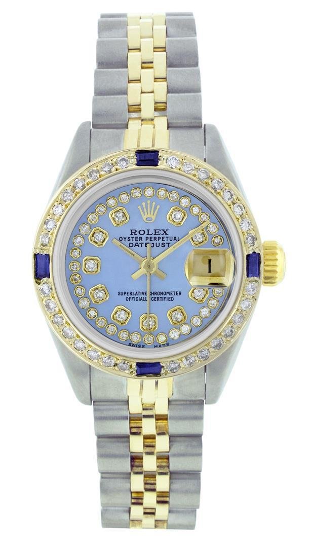 Rolex Two-Tone Diamond and Sapphire DateJust Ladies: One Ladies Two Tone Rolex Datejust Polished, Serviced & Electronically Tested, 14K Yellow Gold & Stainless Steel Case:26mm, 14K Yellow Gold Crown, Custom Bezel: 18K Yellow Gold Sapphire Beadset Diamon