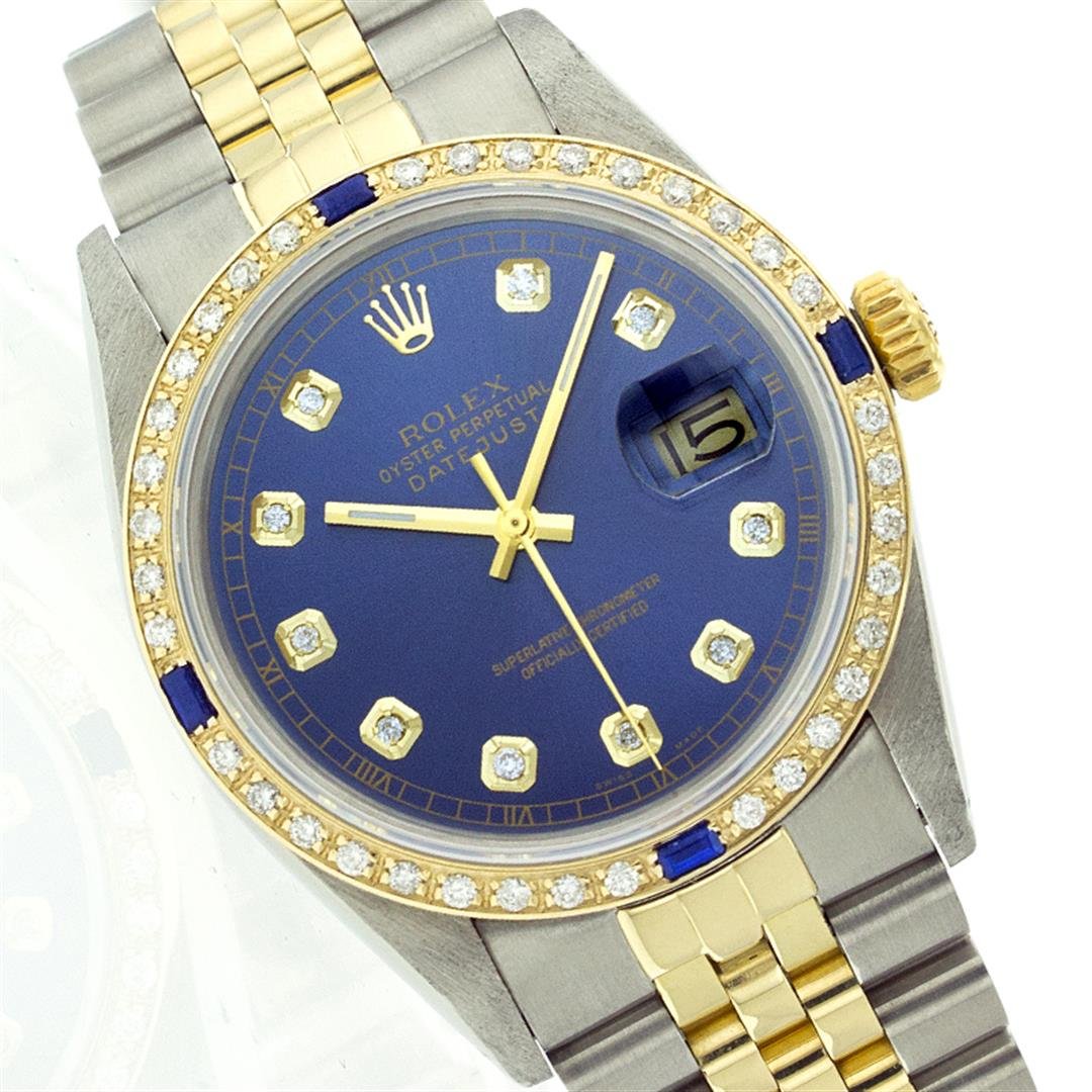 Rolex Two-Tone Diamond and Sapphire DateJust Men's: One Mens Two Tone Rolex Datejust Polished, Serviced & Electronically Tested, 14K Yellow Gold & Stainless Steel Case:36mm, 14K Yellow Gold Crown, Custom Bezel: 18K Yellow Gold Sapphire Beadset Diamond