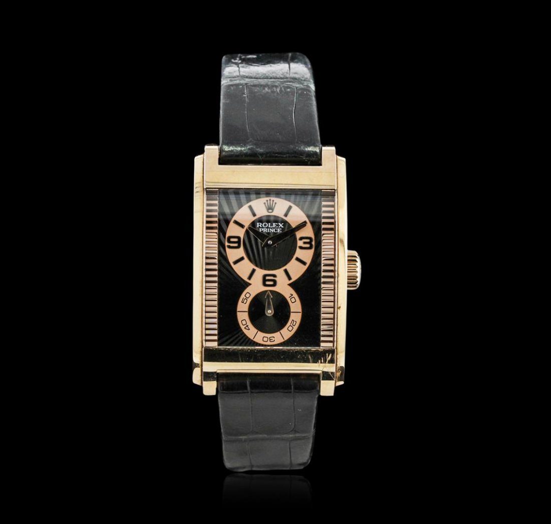 Rolex Cellini Prince 18KT Rose Gold Watch: One, Rolex Cellini Prince wristwatch, electronically tested 18KT Rose gold, Tank Case: 44mm x 27mm, Exhibition Case Back: synthetic sapphire section, the border is engraved with the manufacturers name