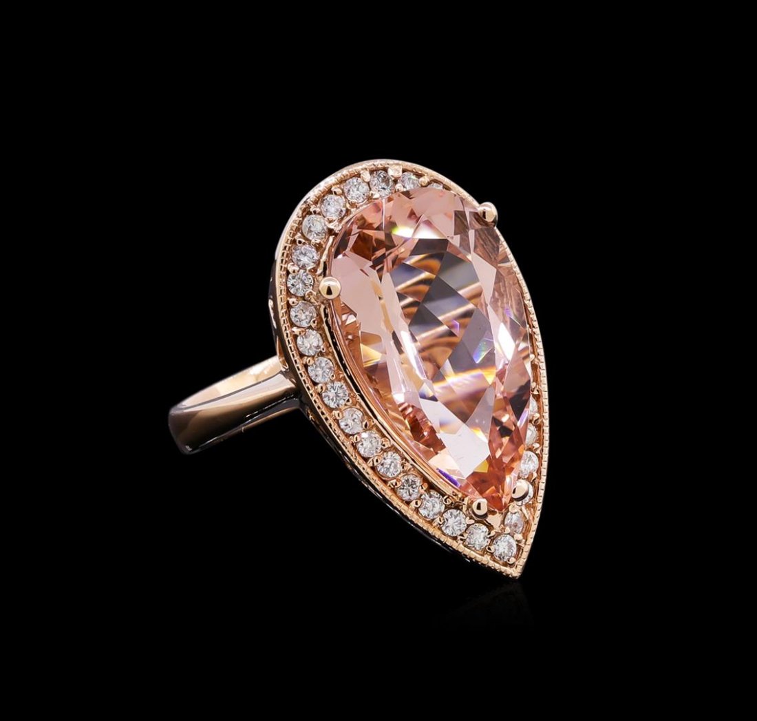 8.46ct Morganite and Diamond Ring - 14KT Rose Gold: One ring featuring: 14KT rose gold weighing 7.20 grams containing one morganite with a total weight of 8.46ct and diamonds with a total weight of 0.42ct.