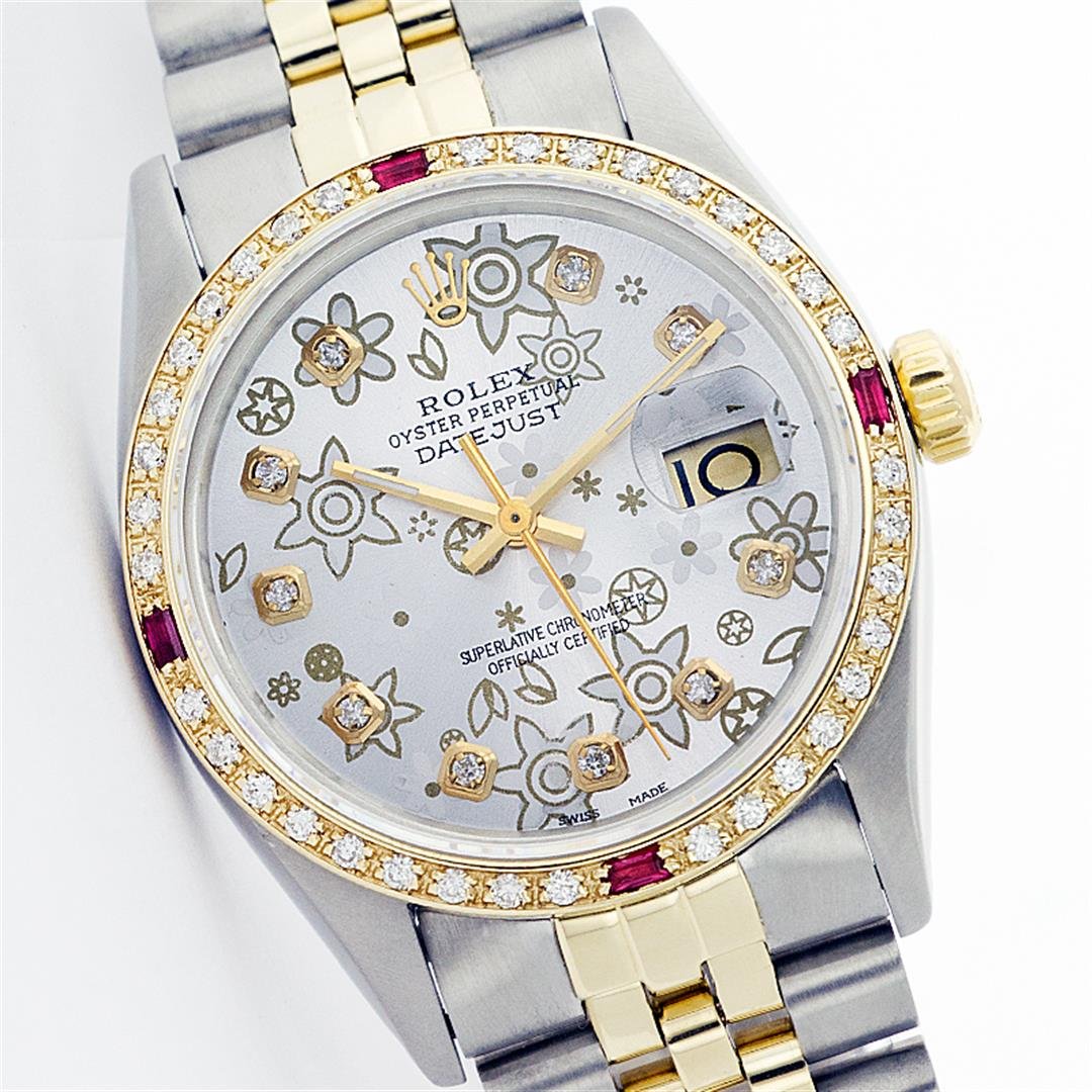 Rolex Two-Tone Diamond and Ruby DateJust Men's Watch: One Mens Two Tone Rolex Datejust Polished, Serviced & Electronically Tested, 14K Yellow Gold & Stainless Steel Case:36mm, 14K Yellow Gold Crown, Custom Bezel: 18K Yellow Gold Ruby Beadset Diamond Beze