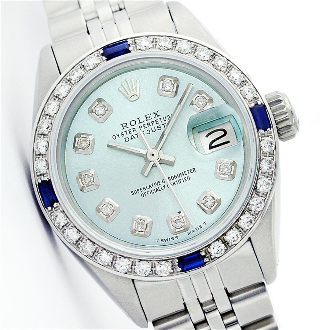 Rolex Stainless Steel Diamond and Sapphire DateJust: One Ladies Rolex Datejust Polished Bright with Satin Finish, Serviced & Electronically Tested, Stainless Steel Case:26mm, Stainless Steel Crown, Custom Bezel: 18K White Gold Sapphire Beadset Diamond B