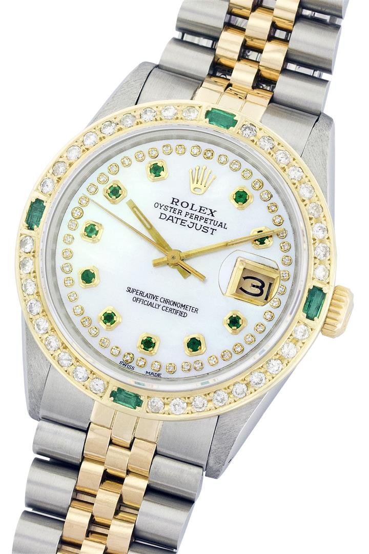 Rolex Two Tone String Diamond DateJust Men's Watch: One Mens Two Tone Rolex Datejust Polished, Serviced & Electronically Tested, 14K Yellow Gold & Stainless Steel Case:36mm, 14K Yellow Gold Crown, Custom Bezel: 18K Yellow Gold Emerald Beadset Diamond B