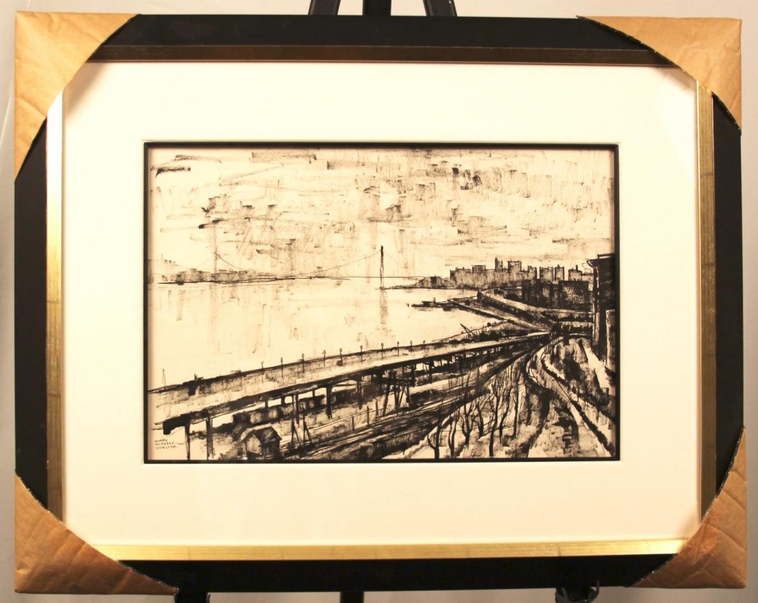 Original Ink on Paper by Francis De Erdely (1904-1959): This is an original ink on paper by listed California artist Francis De Erdley. This artist holds auction records to $41,000. Gallery framed in museum quality black filet, crème matte and black/antiq