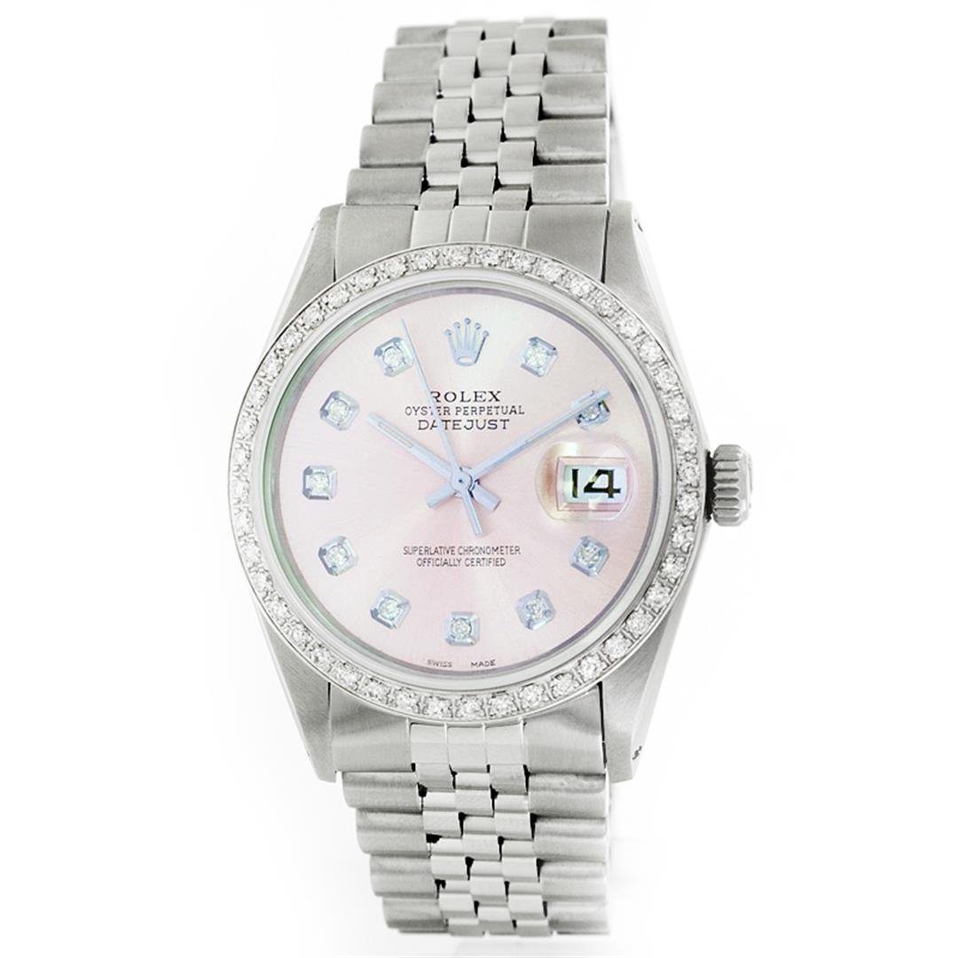 Rolex Stainless Steel 1.00ctw Diamond DateJust Men's: One Gents Stainless Steel Rolex Datejust Polished Bright with Satin Finish, Fully Serviced & Electronically Tested, Stainless Steel Case:36mm, Stainless Steel Crown, Custom Bezel: 18K White Gold Beads