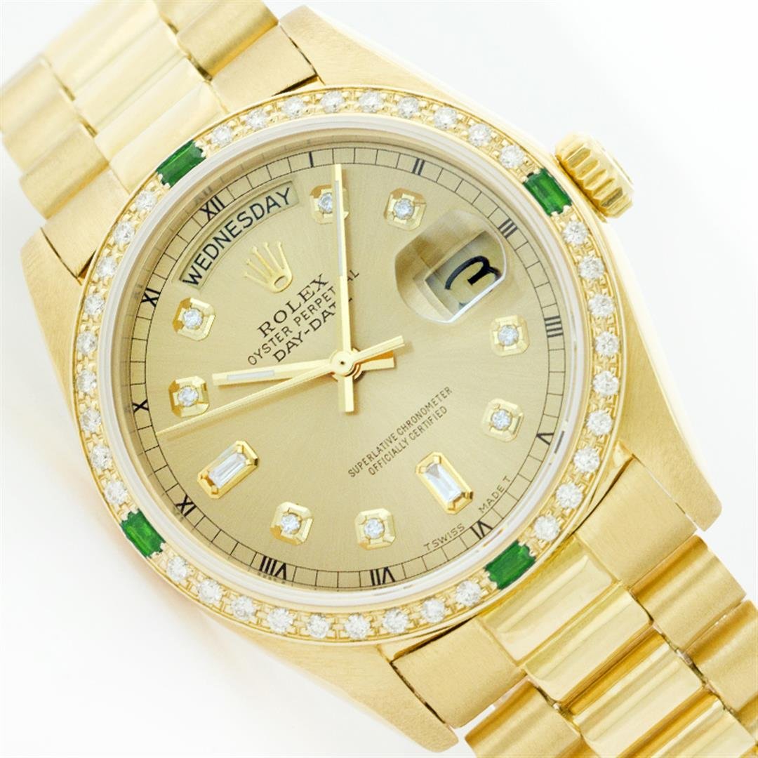 Rolex President 18KT Gold 1.00 ctw Diamond And Emerald: One Gents Rolex President Polished, Serviced & Electronically Tested, Yellow Gold Case:36mm, Yellow Gold Crown, Custom Bezel: 18K Yellow Gold Emerald Beadset Diamond Bezel, Diamond + Gem Count: 36 Dia