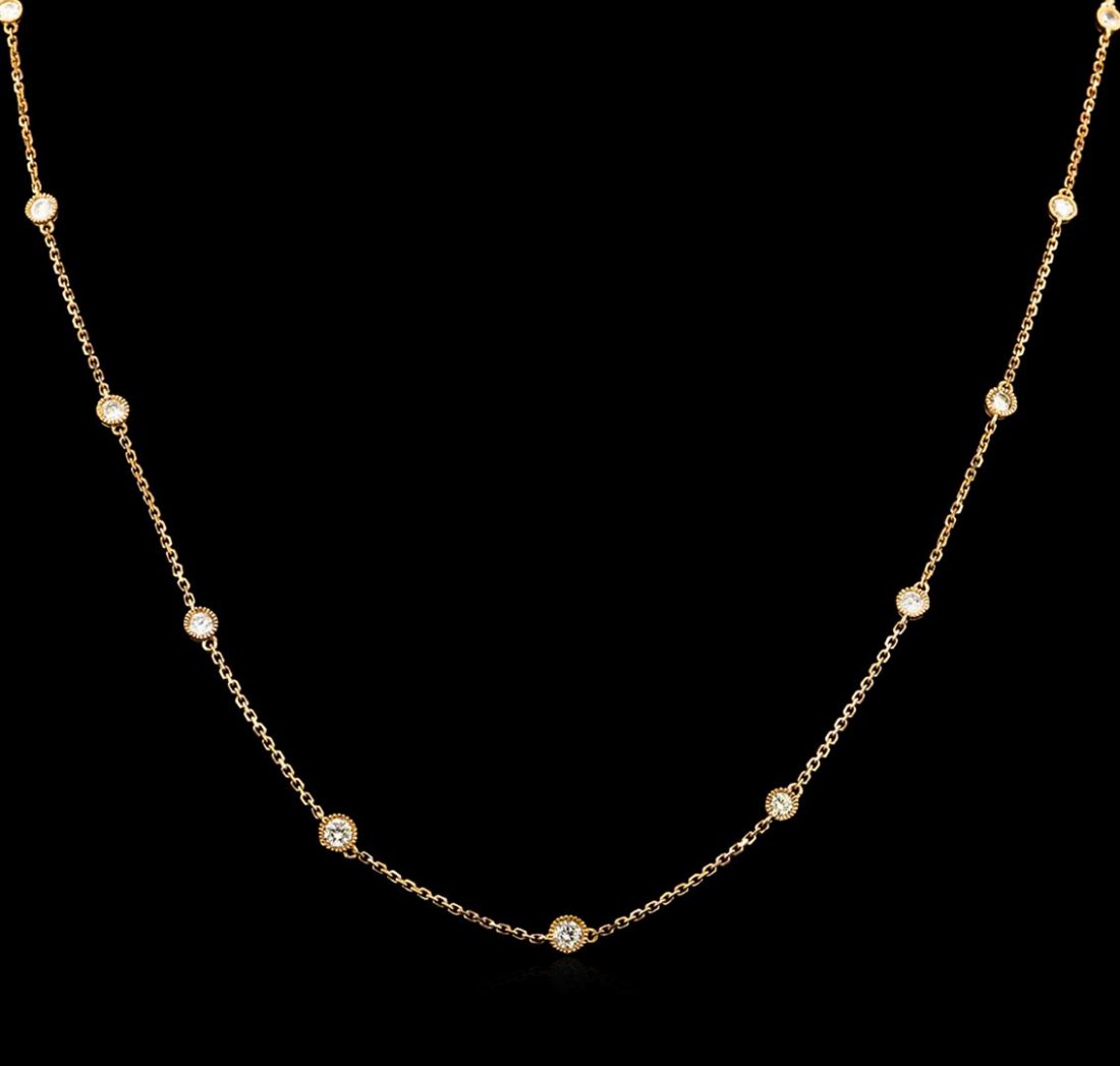 1.85 ctw Diamond Necklace - 18KT Rose Gold: One electronically tested 18KT rose gold lady's combination cast & assembled diamonds by the yard necklace with a lobster claw clasp with a bright polish with milgrain detailing finish. Featured ladie
