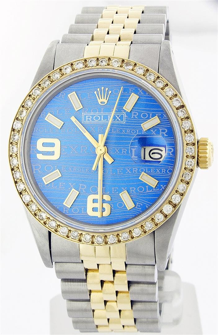 Rolex Two-Tone 1.00 ctw Diamond DateJust Men's Watch: One Gents Two Tone Rolex Datejust Polished, Serviced & Electronically Tested, 14K Yellow Gold & Stainless Steel Case:36mm, 14K Yellow Gold Crown, Custom Bezel: 18K Yellow Gold Beadset Diamond Bezel, D