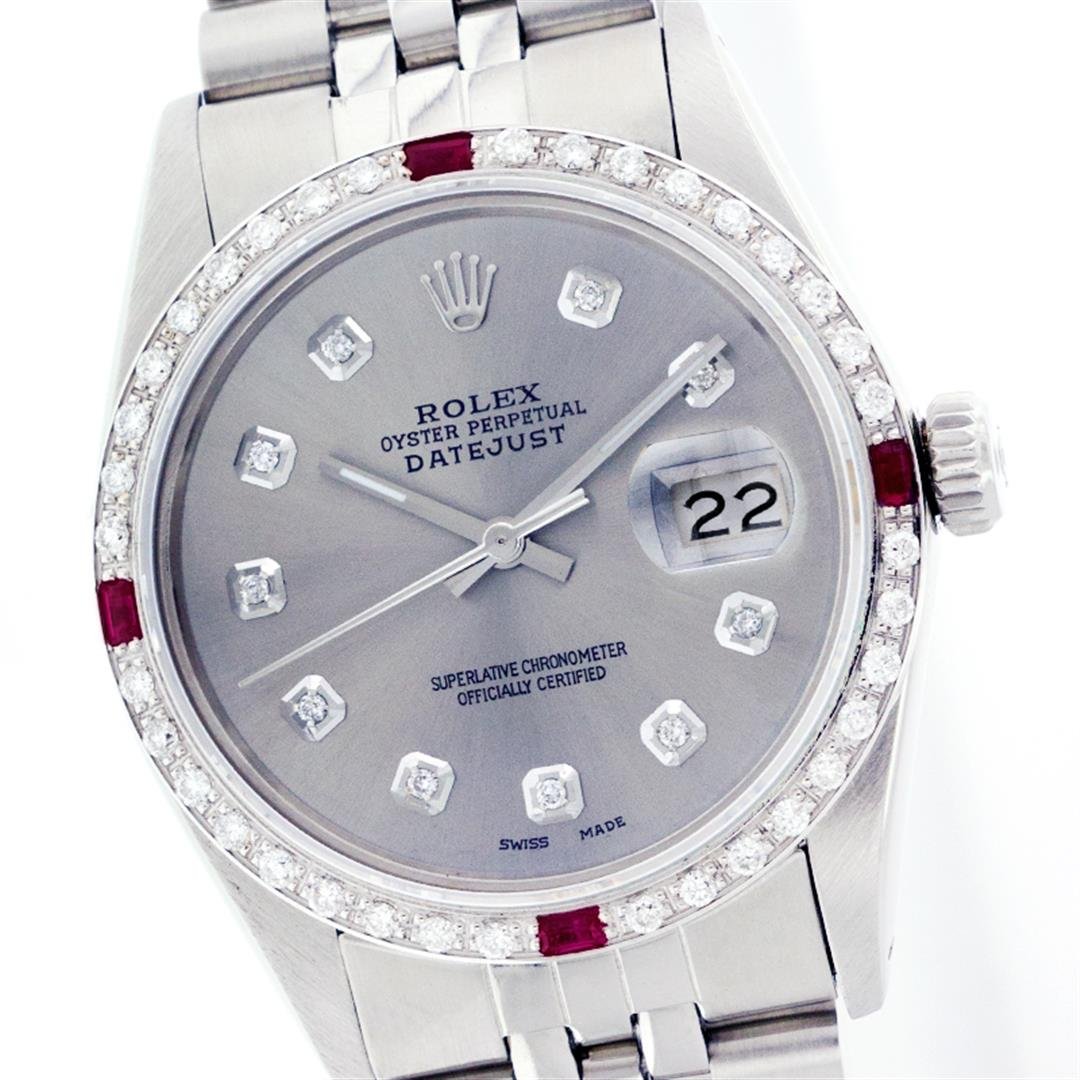 Rolex Stainless Steel Diamond and Ruby DateJust Men's: One Mens Rolex Datejust Polished Bright with Satin Finish, Serviced & Electronically Tested, Stainless Steel Case:36mm, Stainless Steel Crown, Custom Bezel: 18K White Gold Ruby Beadset Diamond Bezel, 