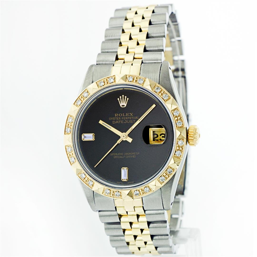 Rolex 14KT Two-Tone Onyx And Diamond DateJust Men's: One Gents Two Tone Rolex Datejust Polished, Fully Serviced & Electronically Tested, 14K Yellow Gold & Stainless Steel Case:36mm, 14K Yellow Gold Crown, Custom Bezel: 18K Yellow Gold Pyramid Diamond Be
