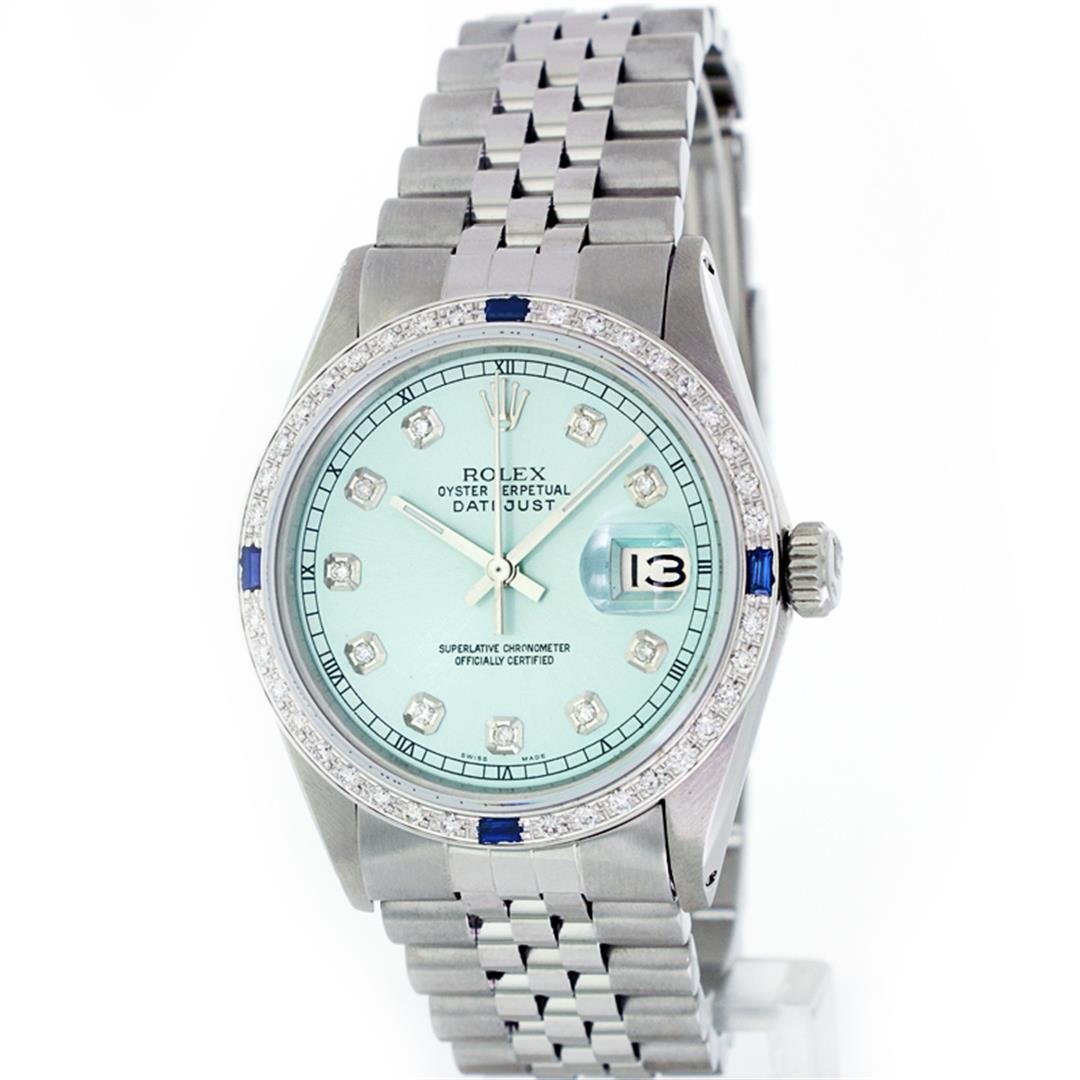 Rolex Stainless Steel 1.00 ctw Diamond and Sapphire: One Gents Rolex Datejust Polished, Serviced & Electronically Tested, Stainless Steel Case:36mm, Stainless Steel Crown, Custom Bezel: 18K White Gold Sapphire Beadset Diamond Bezel, Diamond + Gem Count: