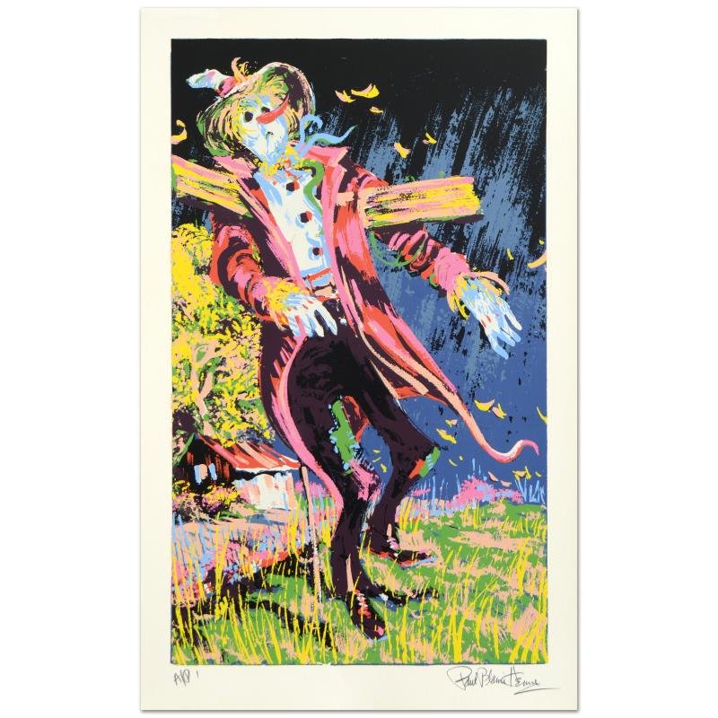 Scare Crow by Henrie (1932-1999): "Scare Crow" is a limited edition serigraph on deckle-edge paper from an AP edition and hand signed by Paul Blaine Henrie (1932-1999)! Includes Certificate of Authenticity! Measures approx. 26" x 40" 