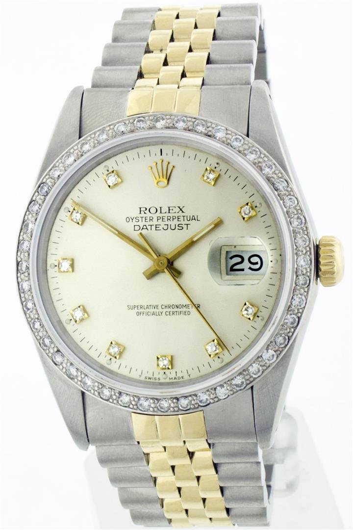 Rolex Two-Tone 1.00 ctw Diamond DateJust Men's Watch: One Gents Two Tone Rolex Datejust Polished, Serviced & Electronically Tested, 14K Yellow Gold & Stainless Steel Case:36mm, 14K Yellow Gold Crown, Custom Bezel: Stainless Steel Beadset Diamond Bezel, D