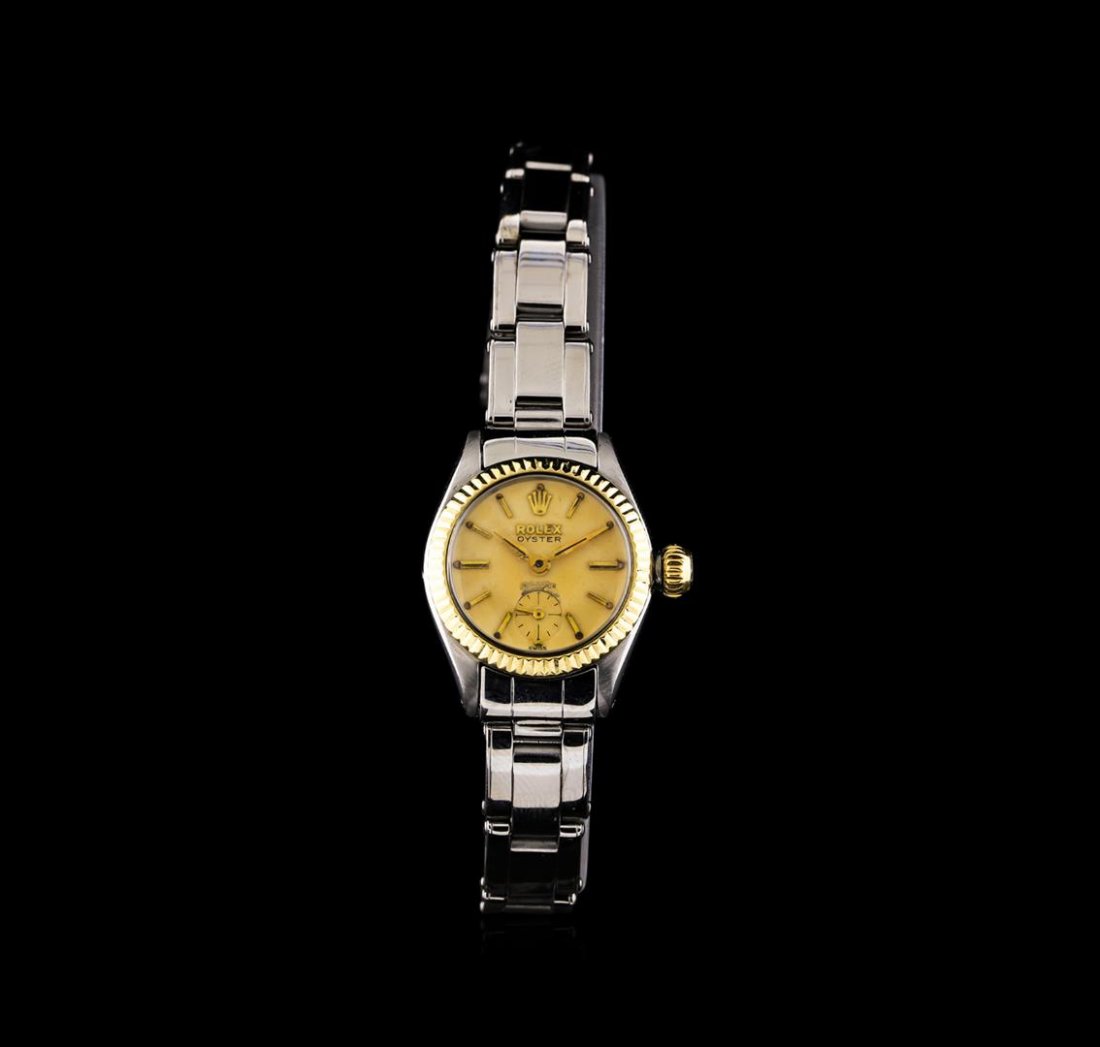 Rolex 14KT Two-Tone Oyster Precision Vintage Ladies: One ladies, vintage Rolex Oyster Precision Model wristwatch electronically tested, Stainless Steel Case: 22mm oyster, 14KT yellow gold Crown: twinlock with logo, Bezel: 14KT yellow gold fluted, Crysta