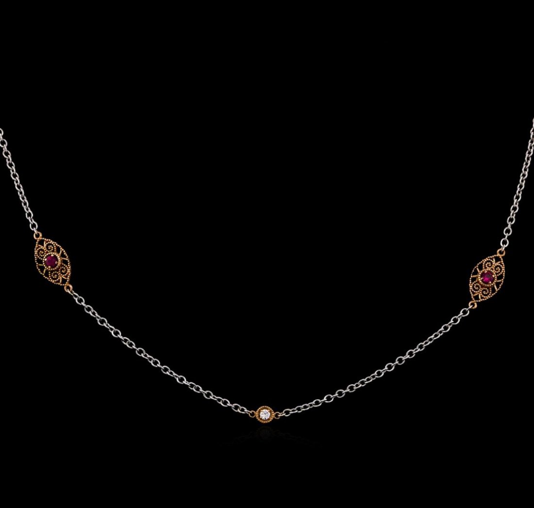 James Kurk 0.50 ctw Ruby and Diamond Necklace - 14KT: One electronically tested 14KT rose and white gold lady's combination cast & assembled designer diamonds by the yard necklace with a lobster clasp clasp with a bright polish with milgrain detailing fi