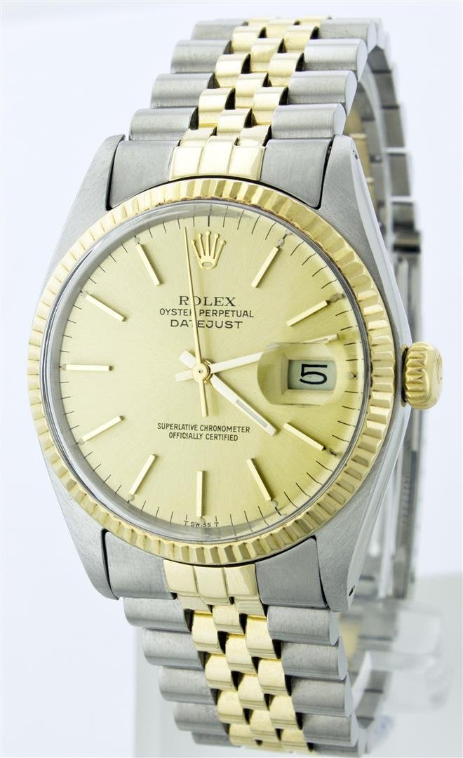 Rolex Two Tone DateJust Men's Watch: One Mens Two Tone Rolex Datejust Polished, Serviced & Electronically Tested, 14K Yellow Gold & Stainless Steel Case: 36mm,14K Yellow Gold Crown, Bezel: 14K Yellow Gold Fluted Bezel. Custom Crystal: Ac