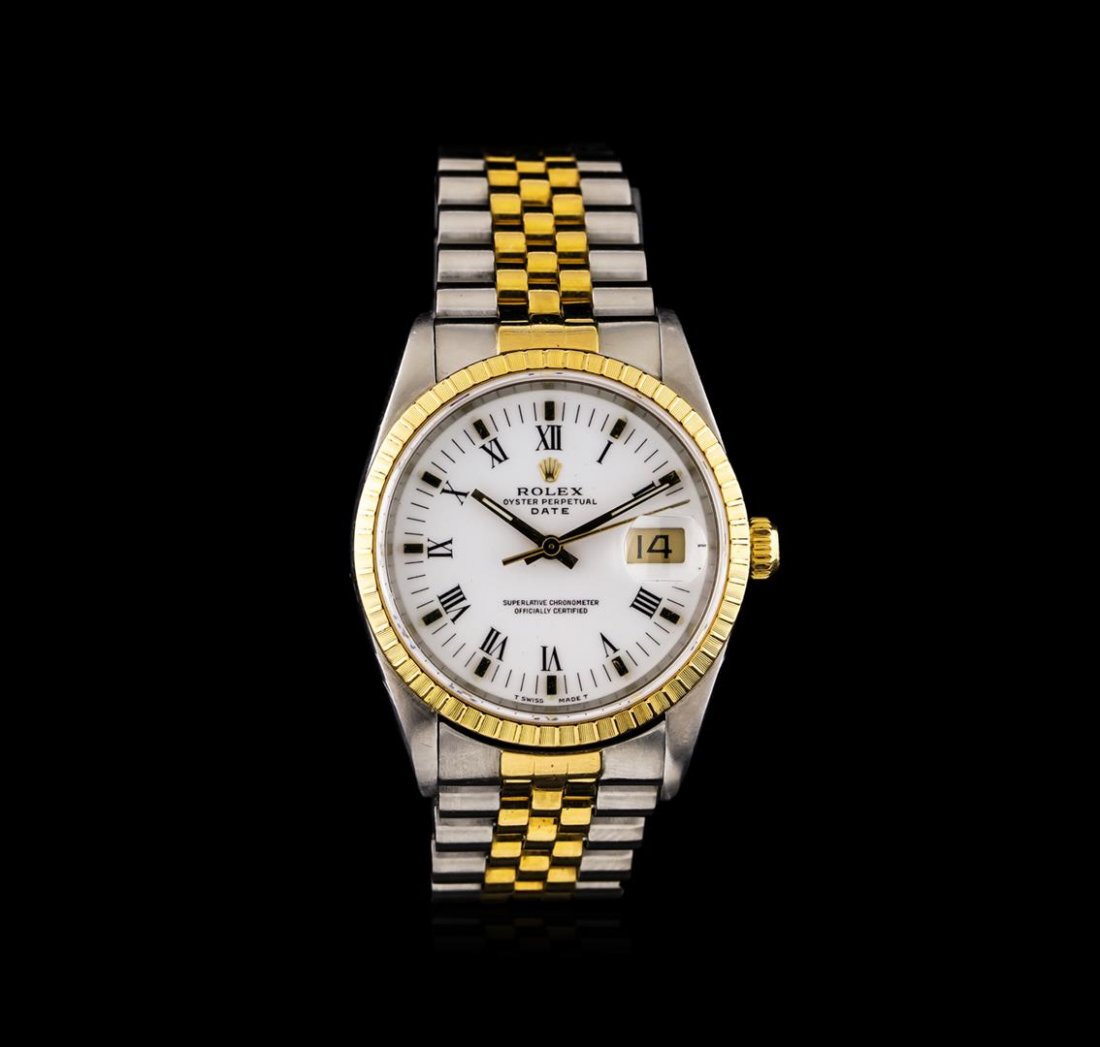 Rolex 18KT Two-Tone DateJust Watch: One gents, hand crafted & machine milled Rolex Date Model wristwatch electronically tested. Stainless Steel, Case: 34mm oyster, 18KT yellow gold Crown: twin lock with logo, 18KT yellow gold Bezel: eng