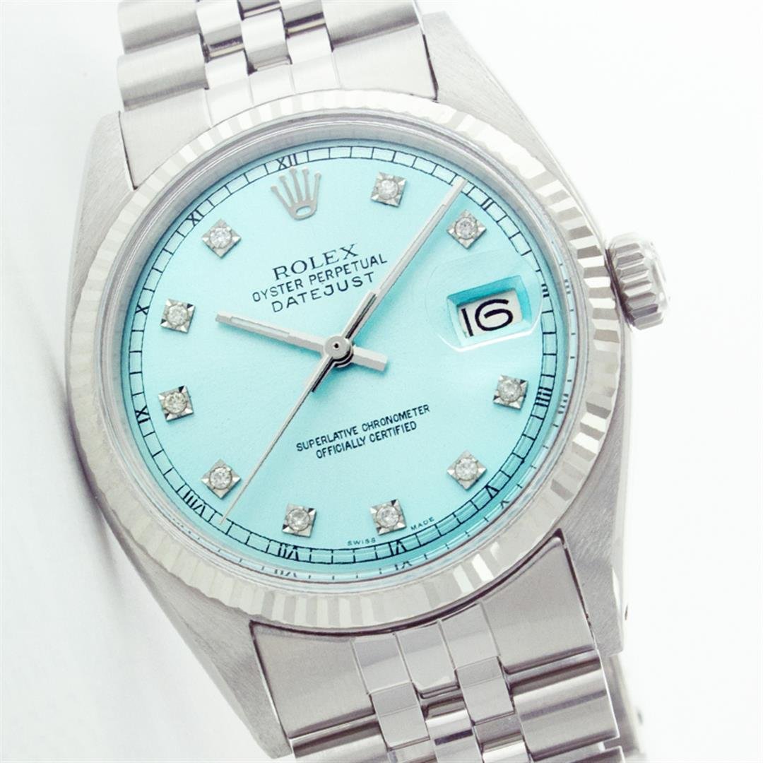 Rolex Stainless Steel Diamond DateJust Men's Watch: One Mens Rolex Datejust Polished Bright with Satin Finish, Serviced & Electronically Tested, Stainless Steel Case:36mm, Stainless Steel Crown, Original Bezel: 14K White Gold Fluted Bezel. Custom Cryst