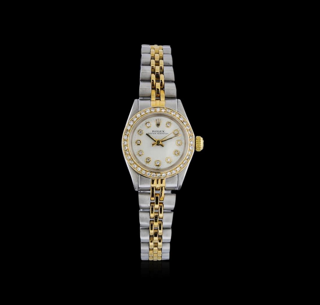Rolex 18KT Two-Tone Diamond Oyster Perpetual Ladies: One ladies, hand crafted & machine milled Rolex Oyster Perpetual Model wristwatch electronically tested, Stainless Steel Case: 25mm oyster, 18KT yellow gold overlay Crown: twinlock with logo, Custom B