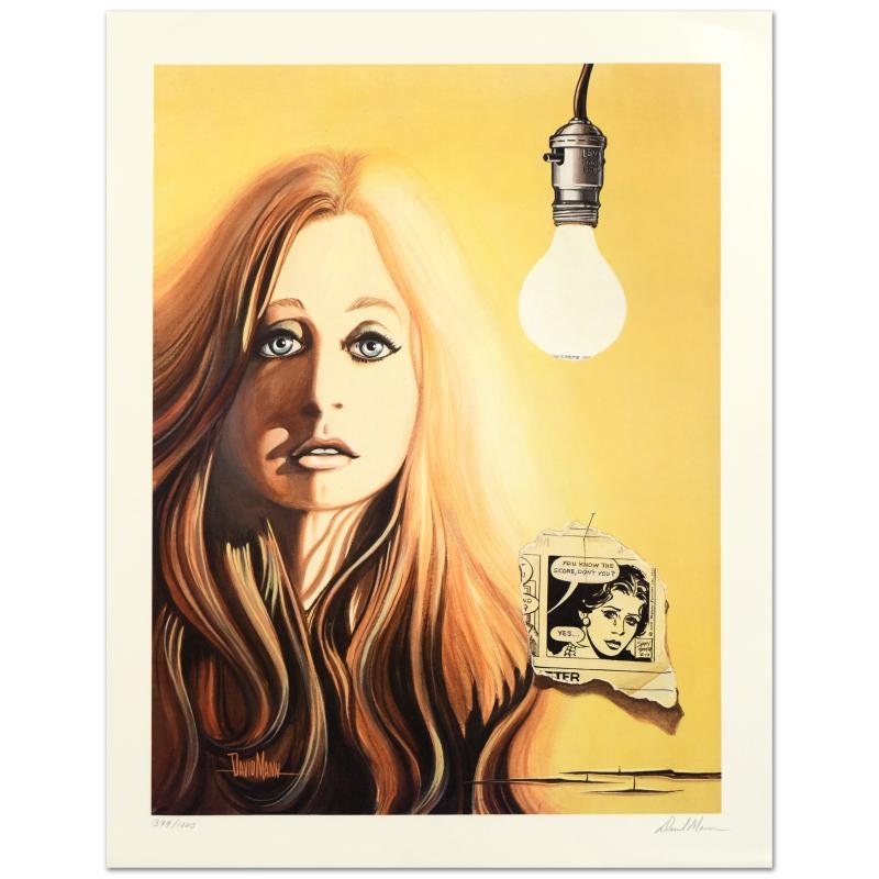 Girl and Lightbulb by Mann, David: "Girl and Lightbulb" is a limited edition lithograph on paper by David Mann, numbered and hand signed by the artist! Measures approx. 22.5" x 28.5" (with border); 19" x 25" (image).