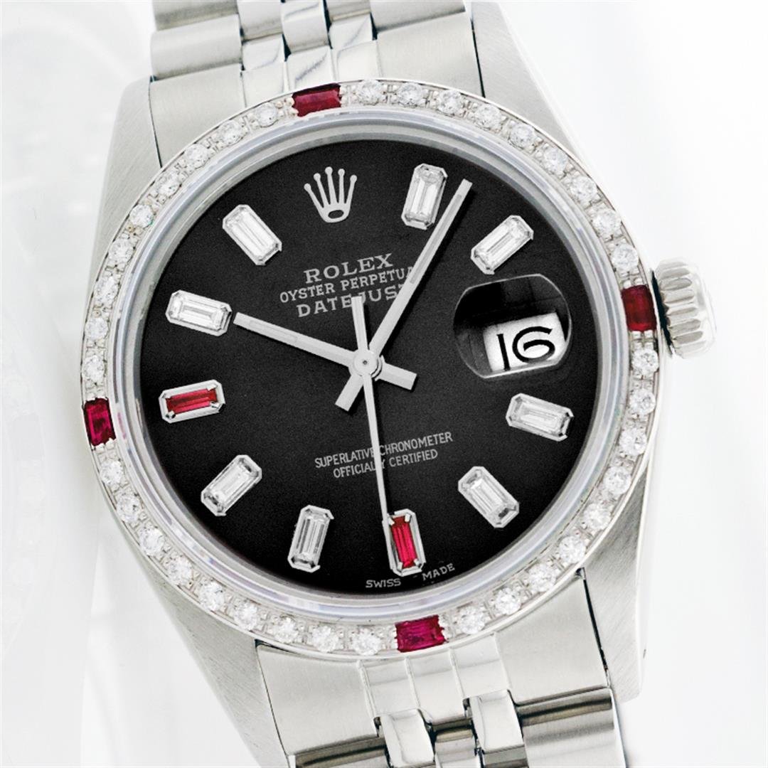 Rolex Stainless Steel Diamond and Ruby DateJust Men's: One Gents Rolex Datejust Polished, Serviced & Electronically Tested, Stainless Steel Case:36mm, Stainless Steel Crown, Custom Bezel: 18K White Gold Ruby Beadset Diamond Bezel, Diamond + Gem Count: 36