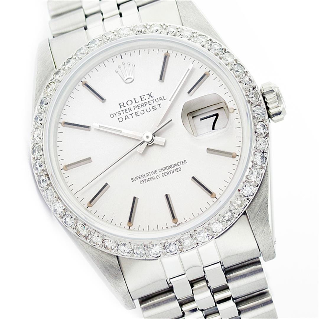 Rolex Stainless Steel 1.00 ctw Diamond DateJust Men's: One Mens Rolex Datejust Polished Bright with Satin Finish, Serviced & Electronically Tested, Stainless Steel Case:36mm, Stainless Steel Crown, Custom Bezel: Stainless Steel Beadset Diamond Bezel, Di