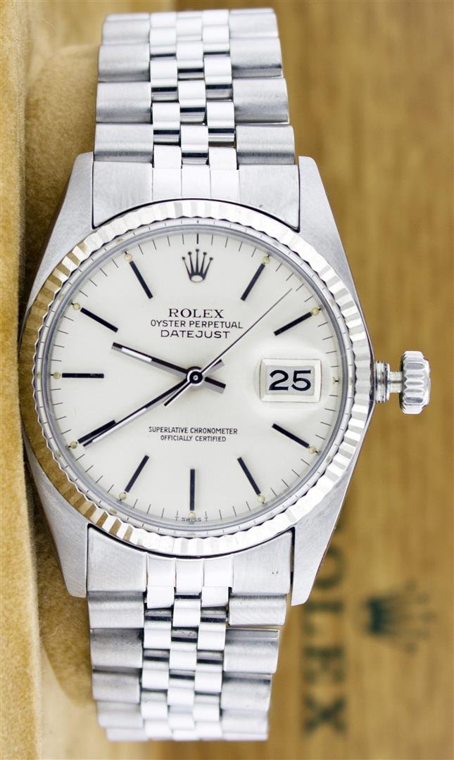 Rolex Stainless Steel DateJust Men's Watch: One Gents Rolex Datejust Polished, Serviced & Electronically Tested, Stainless Steel Case:36mm, Stainless Steel Crown, Custom Bezel: 18K White Gold Fluted Bezel. Custom Crystal: Acrylic Cyclops Lens. 