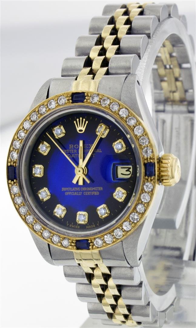 Rolex Two-Tone Sapphire and Diamond DateJust Ladies: One Ladies Two Tone Rolex Datejust Polished, Serviced & Electronically Tested, 14K Yellow Gold & Stainless Steel Case:26mm, 14K Yellow Gold Crown, Custom Bezel: 18K Yellow Gold Sapphire Beadset Diamon