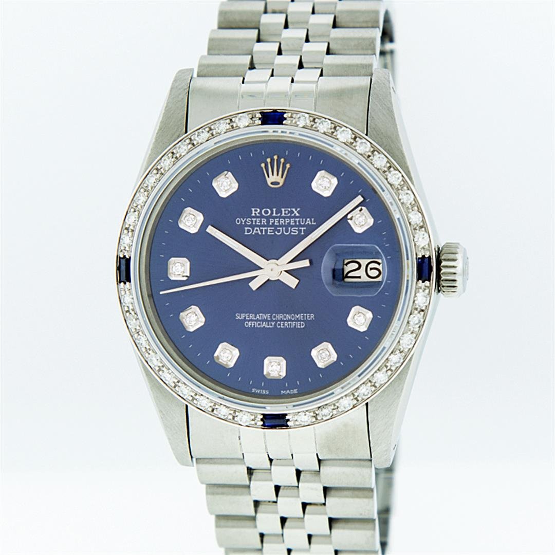 Rolex Stainless Steel Diamond And Sapphire DateJust: One Gents Rolex Datejust Polished, Serviced & Electronically Tested, Stainless Steel Case:36mm, Stainless Steel Crown, Custom Bezel: 18K White Gold Sapphire Beadset Diamond Bezel, Diamond + Gem Count: