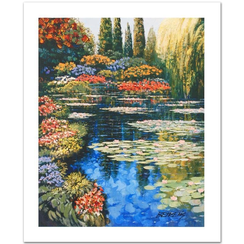 Shimmering Waters - Giverny by Behrens (1933-2014): With bright colors and lush textures, Howard Behrens' artwork adds a tropical and exotic feel to any art collection. "Shimmering Waters - Giverny" is a limited edition hand embellished giclee on canva