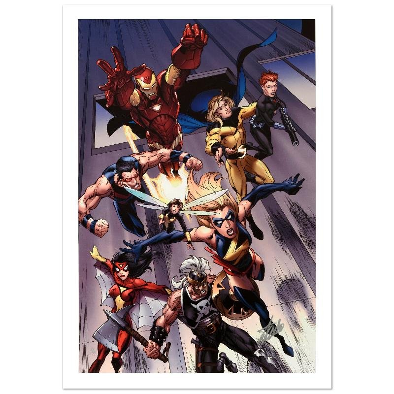 The Mighty Avengers #7 by Stan Lee - Marvel Comics: A piece of comic book history, this limited edition, from original art by Mark Bagley, depicts classic Marvel characters such as Ms. Marvel, Wasp, Spider Woman, Black Widow and Iron Man. Mark Bagley g