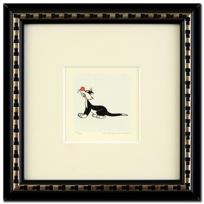 Sylvester (Looking Up) by Warner Brothers: "Sylvester (Looking Up)" is a limited edition etching on paper with hand-tinted coloring from Warner Bros. (dated 1999) and numbered! This piece comes framed. Measures approx. 9" x 9" (with frame), 2.
