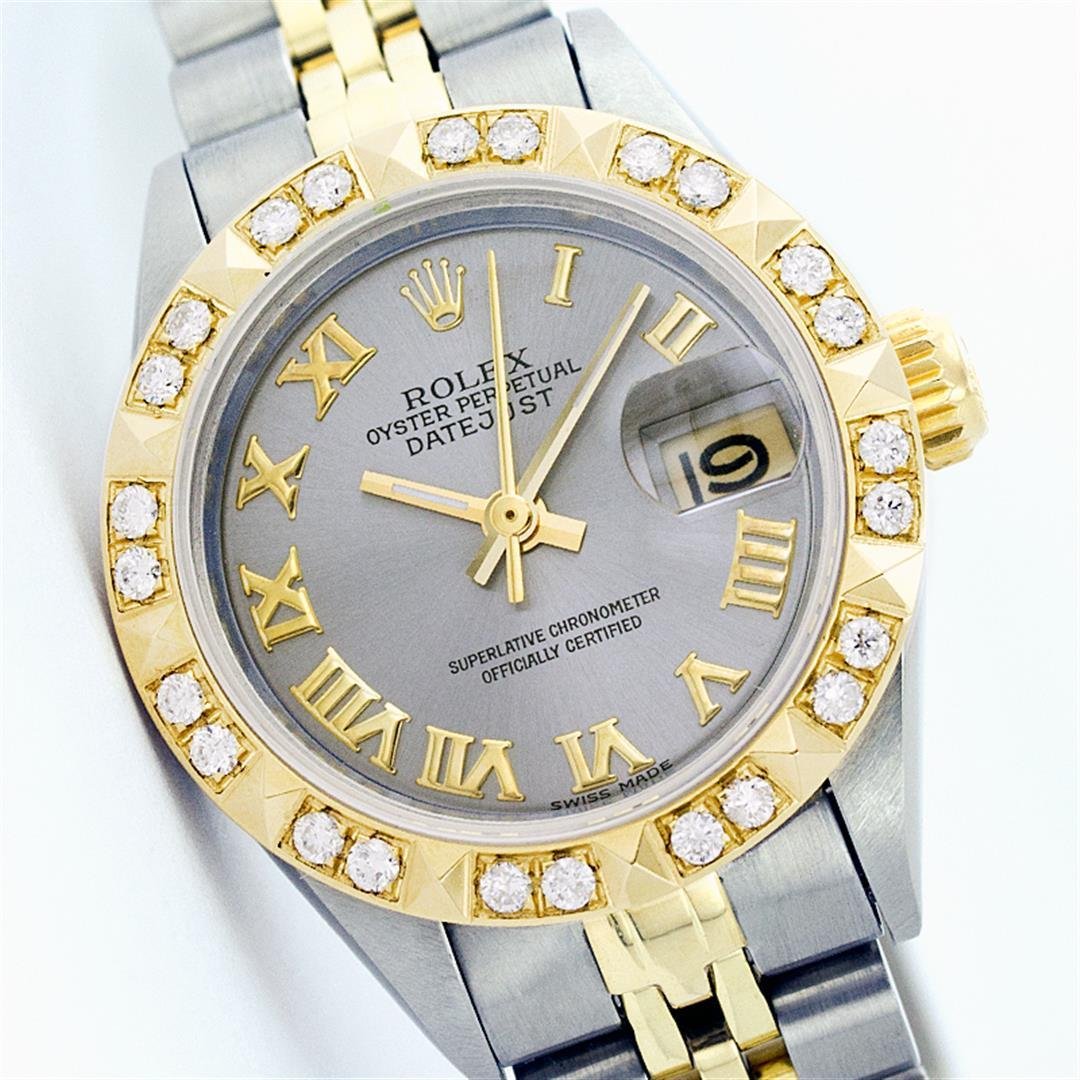 Rolex Two-Tone Diamond DateJust Ladies Watch: One Ladies Two Tone Rolex Datejust Polished, Serviced & Electronically Tested, 14K Yellow Gold & Stainless Steel Case:26mm, 14K Yellow Gold Crown, Custom Bezel: 18K Yellow Gold Pyramid Diamond Bezel,