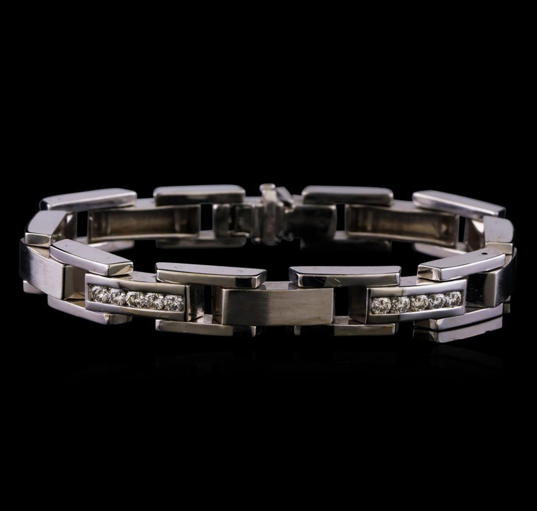 2.50 ctw Diamond Bracelet - 14 KT White Gold: One electronically tested 14KT white gold gents cast & assembled diamond bracelet. Eight and one-quarter inch length bracelet features a flexible chain of alternating brushed links and diamond set lin
