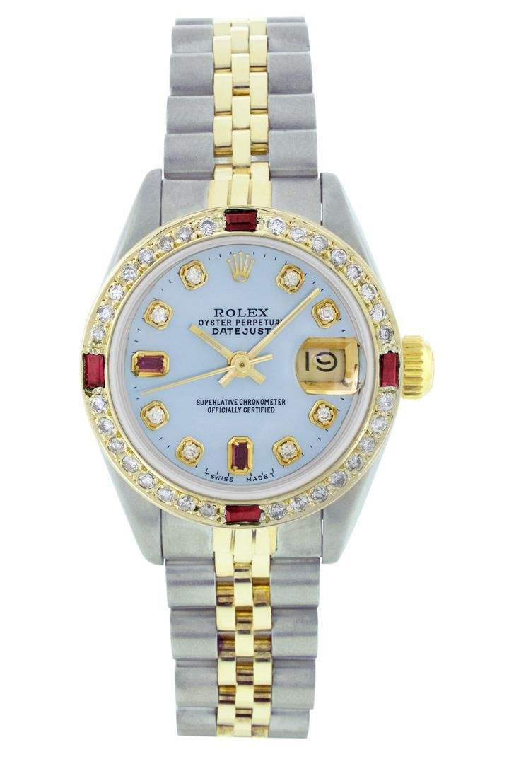 Rolex Two-Tone Ruby and Diamond DateJust Ladies Watch: One Ladies Two Tone Rolex Datejust Polished, Serviced & Electronically Tested, 14K Yellow Gold & Stainless Steel Case:26mm, 14K Yellow Gold Crown, Custom Bezel: 18K Yellow Gold Ruby Beadset Diamond Be