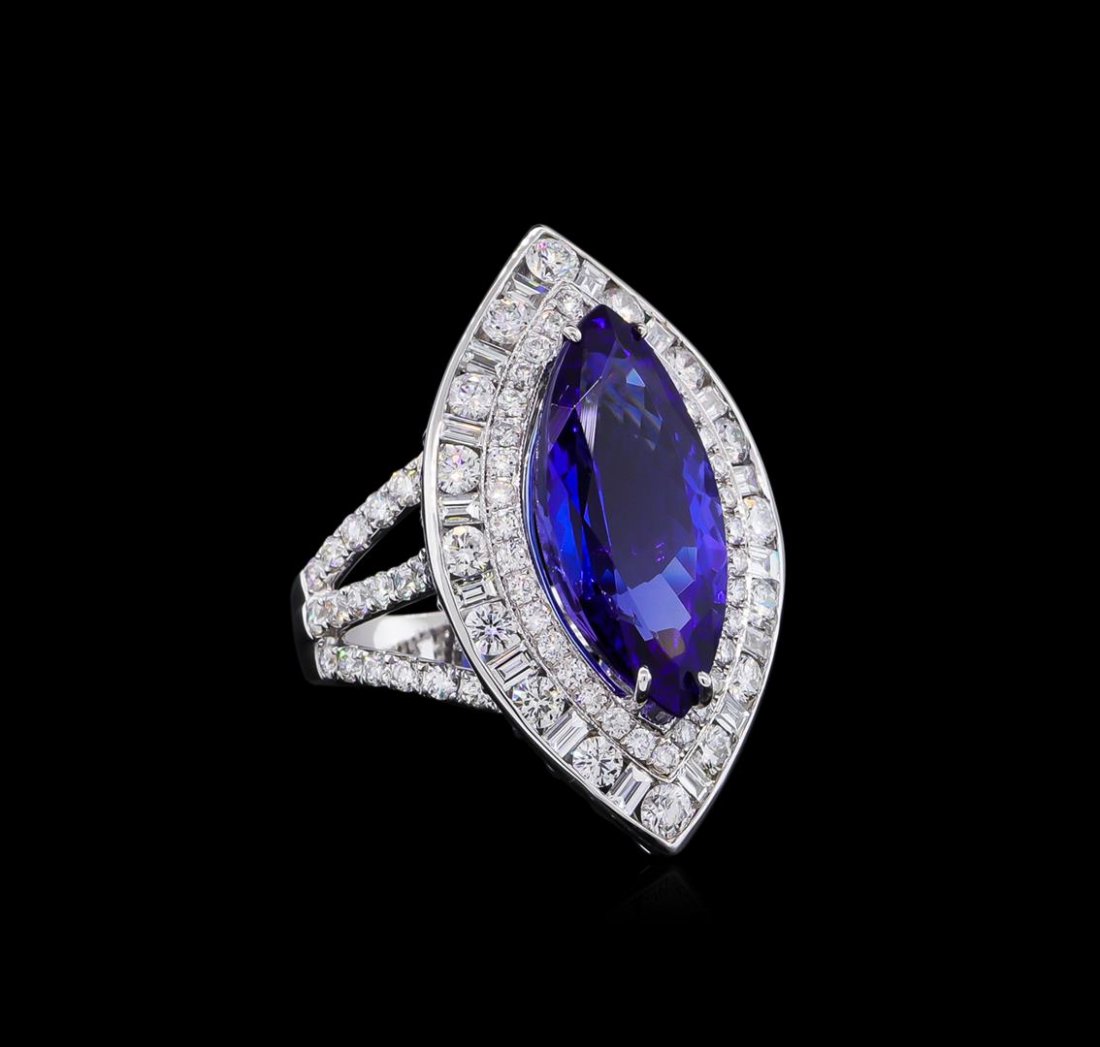 18KT White Gold GIA Certified 10.54 ctw Tanzanite and: One electronically tested 18KT white gold ladies combination cast & assembled prong set ring with a split shank with a bright polish finish. Identified with markings of "750 18K". Condition is new. Co