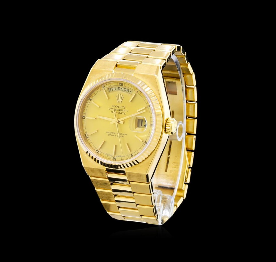 Rolex 18KT Yellow Gold Day-Date Men's Watch: One gents, hand crafted & machine milled Rolex Day-Date OysterQuartz wristwatch electronically tested 18KT yellow gold Case: 36mm oyster quartz, Swiss Hallmarked Case Back: engraved with the manufactu