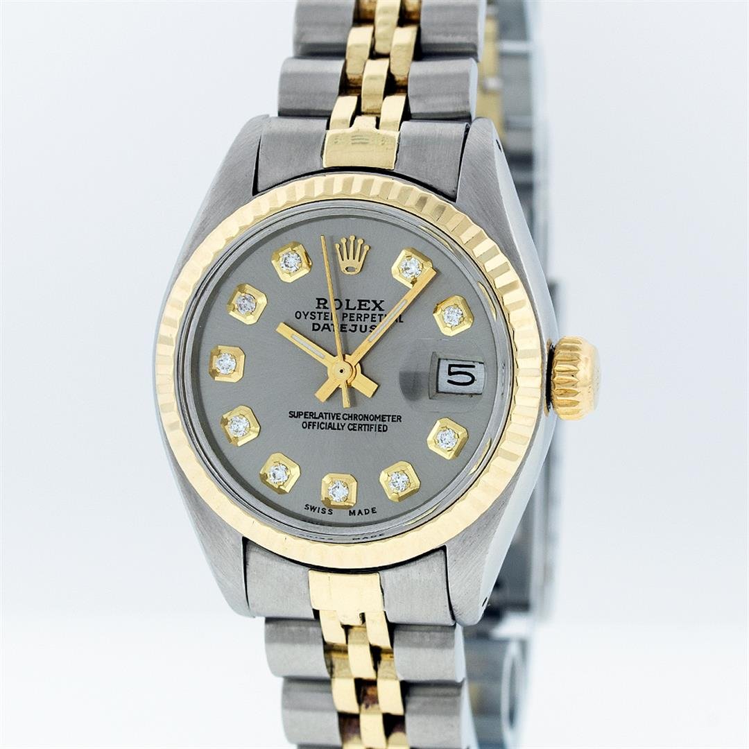 Rolex Two-Tone Slate Grey Diamond Dial DateJust Ladies: One Ladies Two Tone Rolex Datejust Polished, Serviced & Electronically Tested, 14K Yellow Gold & Stainless Steel Case:26mm, 14K Yellow Gold Crown, Bezel: 14K Yellow Gold Fluted Bezel. Custom Crystal: 