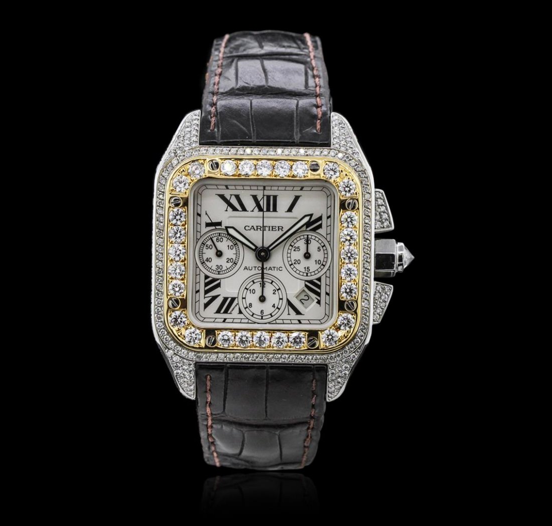 Cartier Two-Tone 6.50 ctw Diamond Santos 100 Watch: One, Cartier Santos 100 Automatic Chronograph wristwatch electronically tested stainless steel, customized Case: 55 x 42mm, set throughout with diamonds, Case Back: secured by eight set screws, engrav