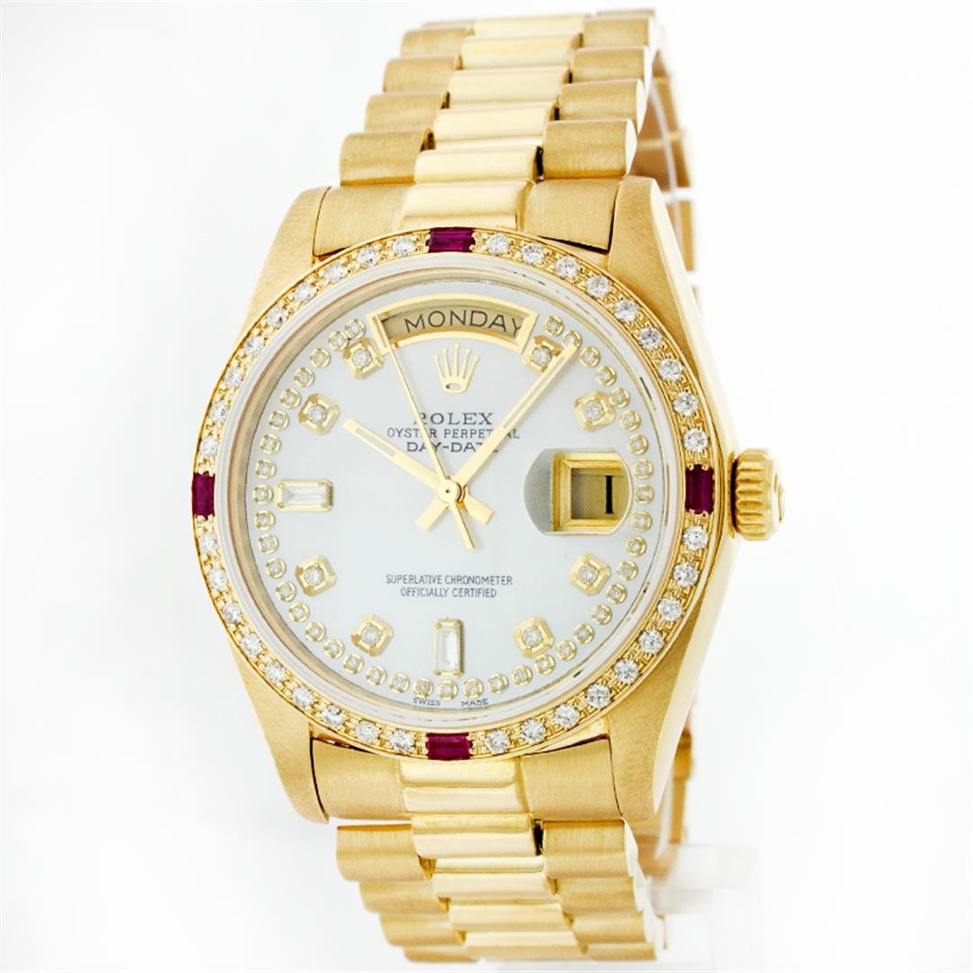 Rolex President 18KT Gold 1.00 ctw Diamond And Ruby: One Gents Rolex President Polished, Serviced & Electronically Tested, Yellow Gold Case:36mm, Yellow Gold Crown, Custom Bezel: 18K Yellow Gold Ruby Beadset Diamond Bezel, Diamond + Gem Count: 36 Diamon