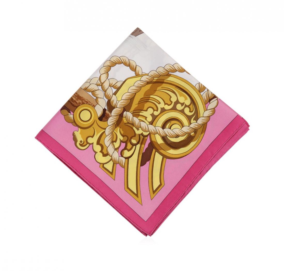 Hermes Tribord 90cm Scarf: One Hermes silk scarf in good condition, measuring 90cm by 90cm. The scarf features the 'Tribord' design by Julia Abadie. The design features a framed clipper ship and other nautical motifs set agains