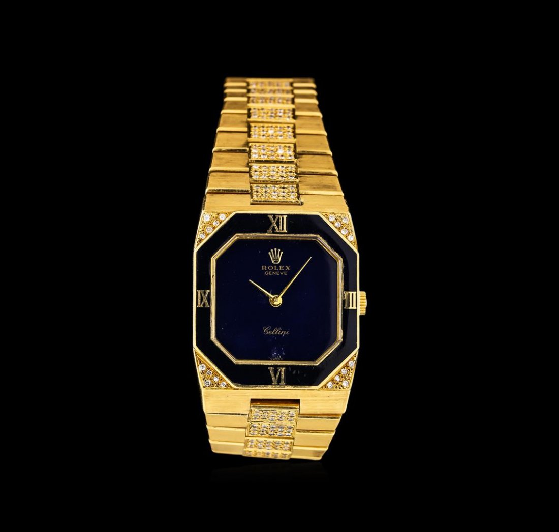 Rolex 18KT Yellow Gold 1.60 ctw Diamond Cellini Men's: One vintage, Rolex Cellini wristwatch, electronically tested 18KT Yellow gold, Case: 35 x 27mm, Case Back: available for engraving, Rolex & Swiss Hallmarked Inner Case Back: engraved with the manufact