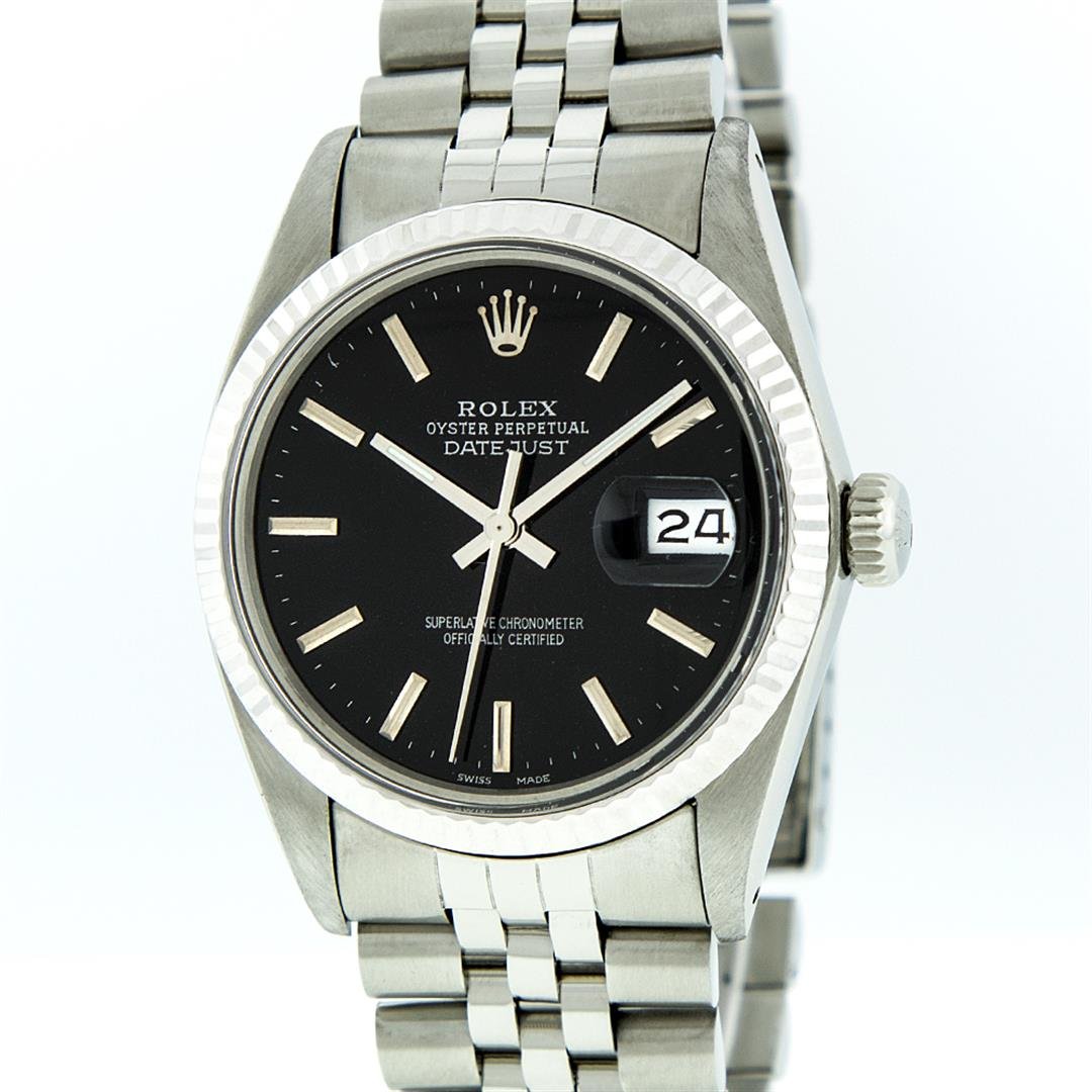 Rolex Stainless Steel Black Index DateJust DateJust: One Gents Rolex Datejust Polished, Serviced & Electronically Tested, Stainless Steel Case:36mm, Stainless Steel Crown, Bezel: 14K White Gold Fluted Bezel. Custom Crystal: Acrylic Cyclops Lens. Movemen