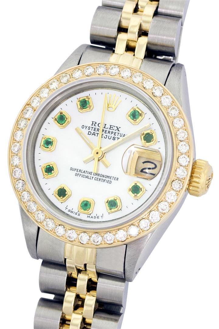 Rolex Two-Tone Diamond and Emerald DateJust Ladies: One Ladies Two Tone Rolex Datejust Polished, Serviced & Electronically Tested, 14K Yellow Gold & Stainless Steel Case:26mm, 14K Yellow Gold Crown, Custom Bezel: 18K Yellow Gold Beadset Diamond Bezel,