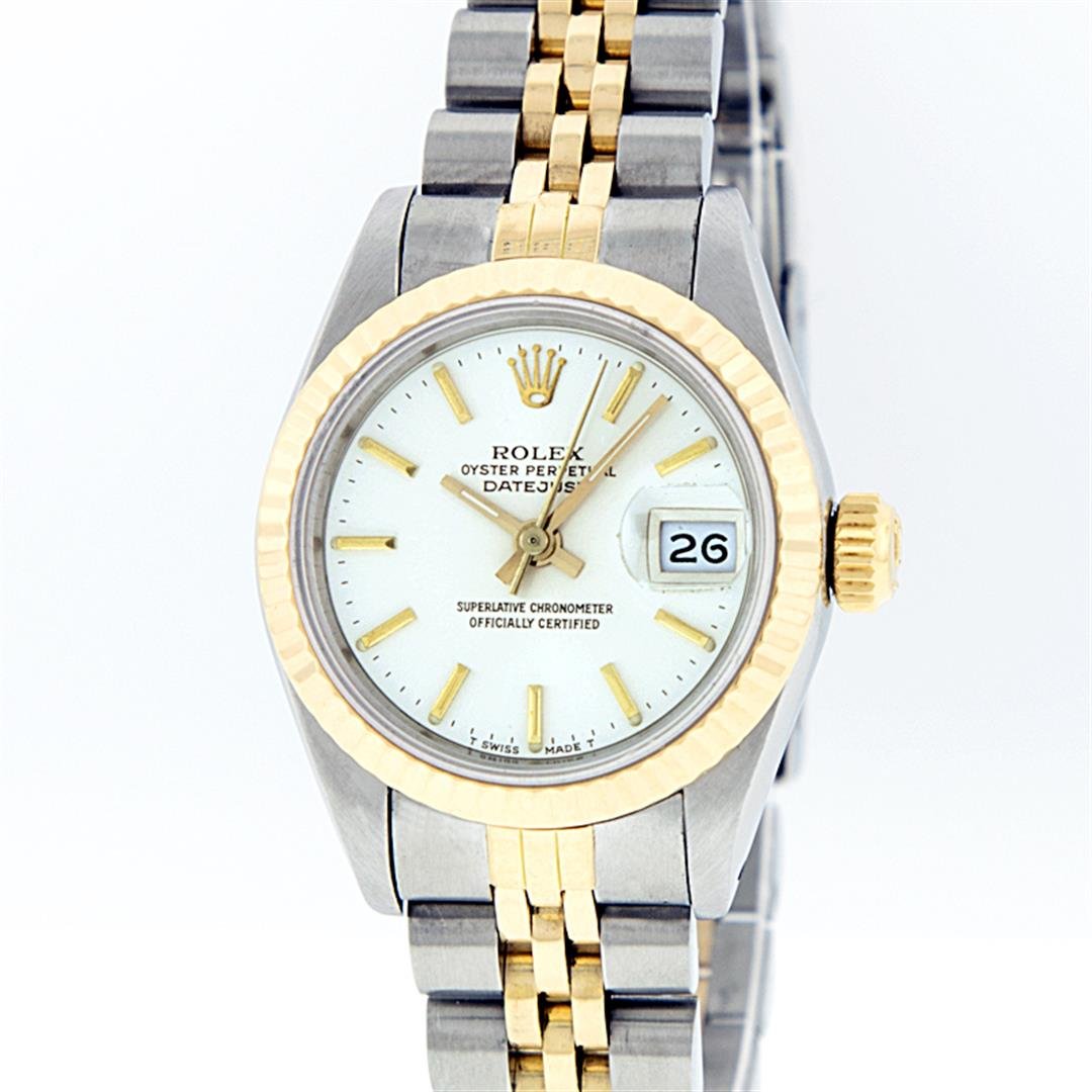 Rolex Two-Tone White Index Fluted Bezel DateJust Ladies: One Ladies Two Tone Rolex Datejust Polished, Serviced & Electronically Tested, 14K Yellow Gold & Stainless Steel Case:26mm, 14K Yellow Gold Crown, Bezel: 14K Yellow Gold Fluted Bezel. Custom Crystal: